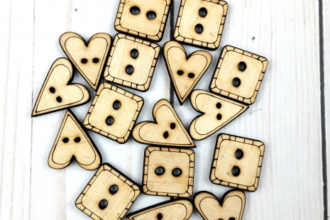 16 Buttons of hearts & squares - Cute, Happy, Adorable wood supply supplies sewi