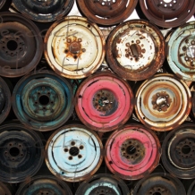 Junk Yard Colorful Car Rims photo - 8 x 10 frame Print Art Photography Rusty Aut